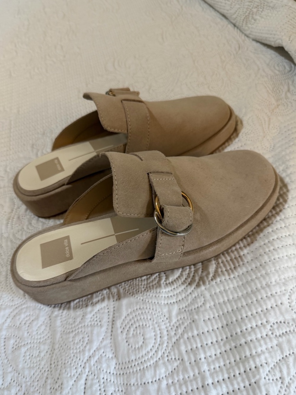 Dolce Vita suede buckle slip-on clogs in a taupe beige color. Size 10